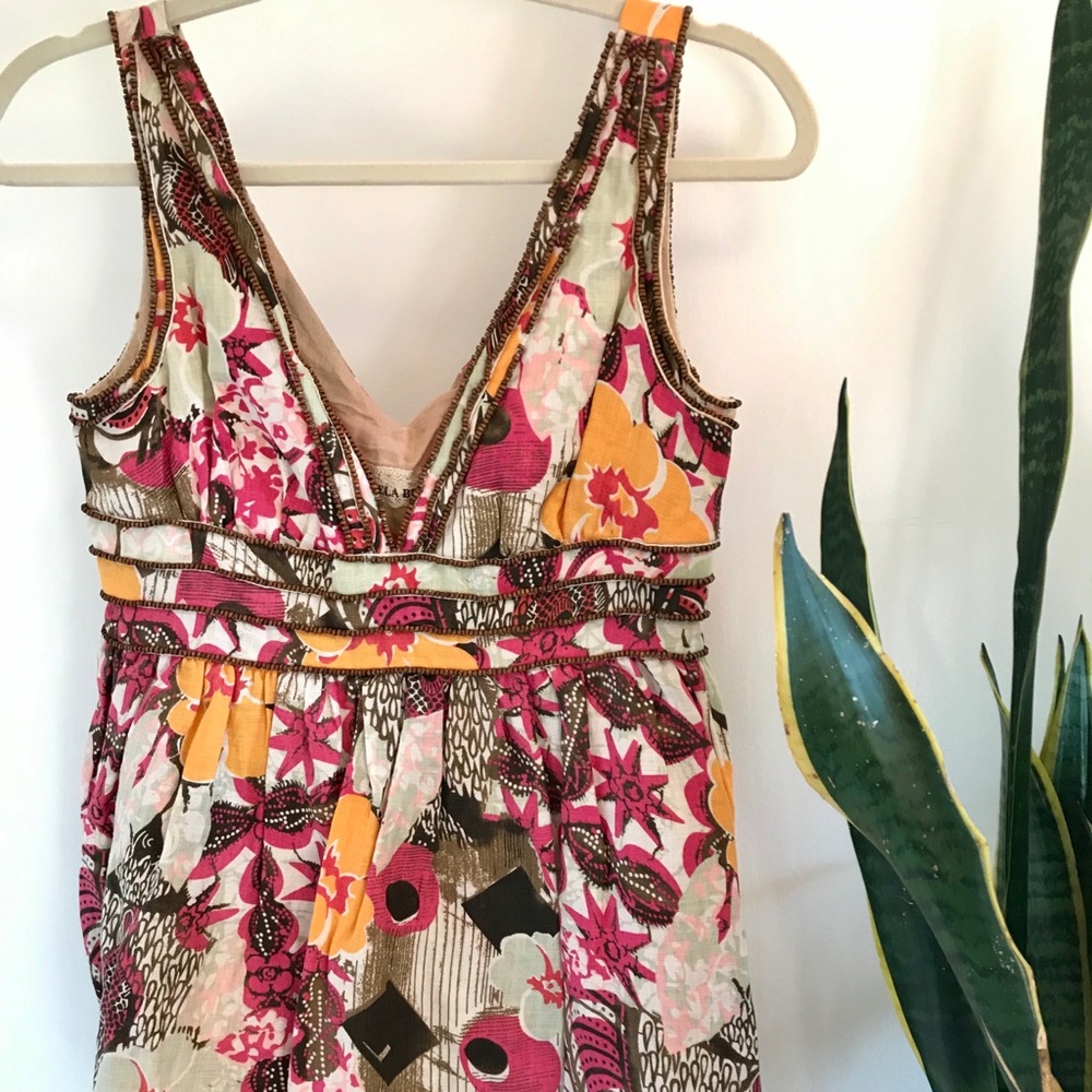 Anthropologie Floral Tank with Wooden Beads